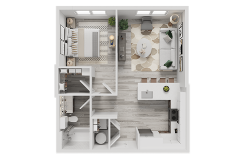 A top-down view of a modern, minimalist apartment with a kitchen, living room, and bedroom.